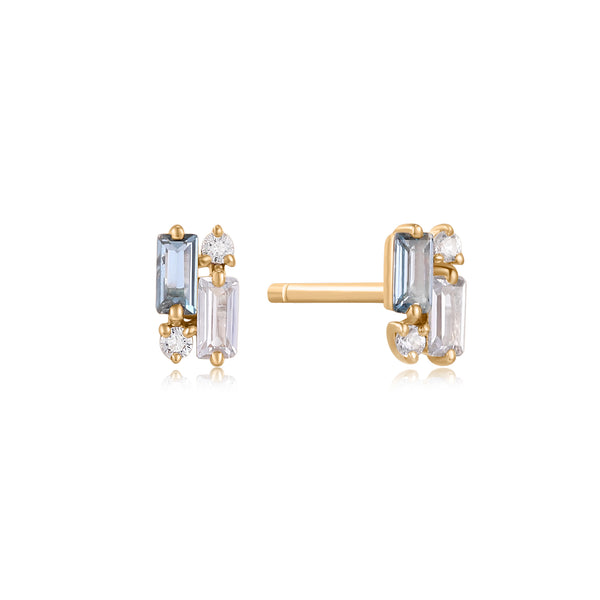 9K Solid Gold Light Blue Sapphire Topaz baguette Earring Studs