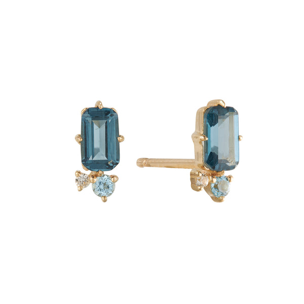 9K Solid Gold Blue Sapphire and Topaz Dainty Earring Studs